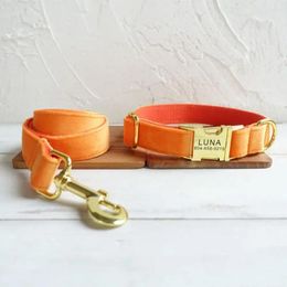 Dog Collars Personalised Collar Custom Pet Free Engraving ID Name Tag Accessory Orange Thick Velvet Puppy Leash