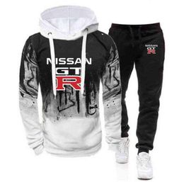 Nissan GTR 2021 Autumn And Winter Men039s suit sportswear 2 piece hoodie pants jogging fitness sport hedging Gradient suit G1209938463