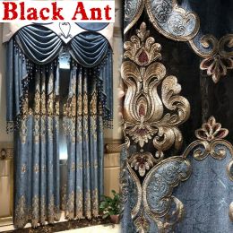 Curtains Europe Palace Blackout Curtains Bedroom Living Room Villa Luxury Retro Blue Door Window Drapes Water Soluble Embroidery X771F