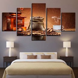 Modern Home Decor Canvas Pictures HD Prints 5 Pieces Coffee Beans Painting Coffee Aroma Cup Poster Restaurant Wall Art No Frame226t