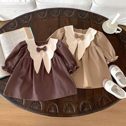 Girl Dresses Spring Baby Dress Khaki Coffee Patchwork Turn-down Collar Retro Princess Autumn Infant Clothes Korean Style