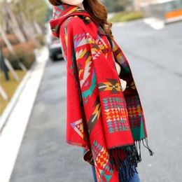 Ladies Warm Winter Hooded Wrap Poncho Wool Scarves Cape Mantle Ponchos And Capes Aztec Outwear Casacos Femininos Tippet12268