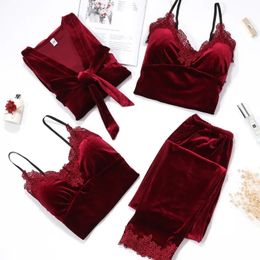 Autumn Velvet Women 4PCS Pajamas Set Sleepwear Burgundy Velour Bathrobe Nightwear Lace Patchwork Pijamas Suit Sexy Negligee 240401