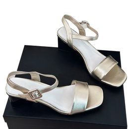 Scarpe eleganti da donna Slingback Sandali con tacco grosso in pelle di vitello di lusso Scarpe da sposa classiche con fibbia alla caviglia regolabili Scarpe da spiaggia per il tempo libero nere argento nude Scarpe da spiaggia all'aperto