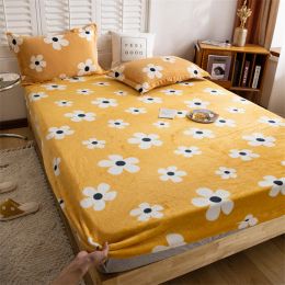 Sets Winter Flanell Warme Weiche Spannbettlaken Staubschutz Schutz Universal Matratzenbezug Verdicken Streifen Blumen Druck Bettlaken