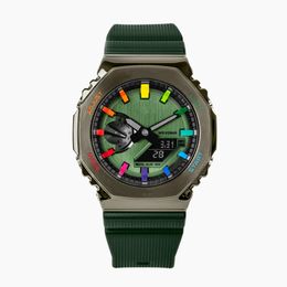 Men's Sports Green Rainbow Digital Quartz 2100 Watch World Time Full Function Waterproof LED Automatic Hand Raising Light GM Oak Series