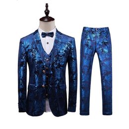 ( Jacket Vest + Pants ) Boutique Veeteen Gold Printing Business Wedding Dress Stage Performance Mens Suit 3pcs Set