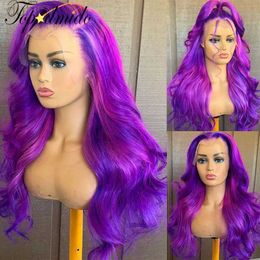 Synthetic Wigs Synthetic Wigs Topodmido Purple Color 13x4 Transparent Lace Wigs with Hair Remy Hair Closure Wig Glueless 4x4 Lace Wigs ldd240313