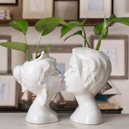 Vases Ceramic Head Face Vase Small Lovers Kiss Statue Flower Pot White Black Modern Planter for Home Table Decoration Floral Art Gifts