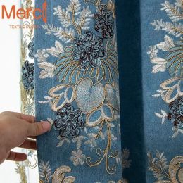 Curtains European Style Curtain for Living Dining Room Bedroom Chenille Luxury Blue Tulle Shading Embroidered Highend Window Custom Size