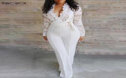 Women Plunge Vneck Lace Bodice Insert Bodycon Wide Leg Jumpsuit Solid Casual Elegant White Long Sleeve Jumpsuits9070697