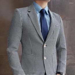 Men's Suits Plaid Men Blazer 1 Pc Casual Houndstooth Suit Jacket Large Size Male Fashion Notched Lapel Check Coat 2024