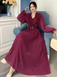 Casual Dresses 2024 Spring Autumn Women Sweet Ruffles V-Neck Long Sleeve Belt Slim Dress Elegant Solid Colour Pleated Chiffon