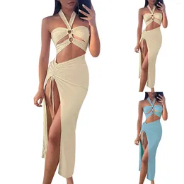 Casual Dresses Sexy Prom Party Long Dress Elegant Cross Bandgae Hollow Out High Split Summer Backless Bodycon Beach Club Robe