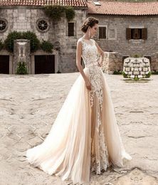 Boho Lace Appliques Wedding Dresses Bohemian Bridal Gowns with Cap Sleeves and Scoop Neck Detachable Skirt Elegant ALine Bridal G2661804