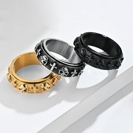 Retro 3D Skull Cross Rotatable Rings Band Stainless Steel Decompress Ring for Men Goth Jewellery