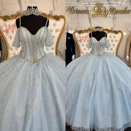 Light blue princess quinceanera dresses ball gown beads straps off shoulder lace appliques vestido de quinceanera Tulle Sweet 15 Masquerade Dress