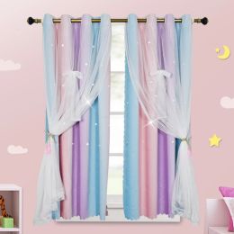 Curtains Rainbow Curtains for Girls Bedroom Living Room DoubleLayer Gradient Lace Kids Star Curtains Window Drapes Tulle Nursery 1 Panel