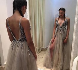 Split Evening Dresses Plunging Neckline Crystal Prom Gowns Custom made Tulle Evening Party Dress Real Pictures Backless Party 3064685
