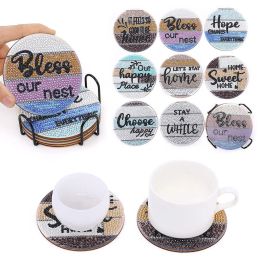 Stitch Diamond Drawing Coaster Set Round Shaped DIY Letters Drill Acrylic Coaster Cup Cushion 5D Rhinestone Painting Coaster