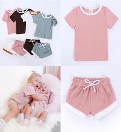 Kids Children Clothing Summer Solid color shortsleeved shirt shorts twopiece suit Girls clothes set For Baby Soft and breathable8490118