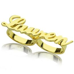 Customised Name Ring Personalised Stainless Steel Custom Nameplate Two Finger Ring Fashion Jewellery For WomenMen 240228