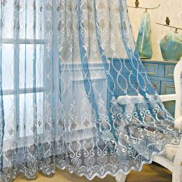 Curtains Beige Luxury Embroidery Tulle Curtains for Living Room Blue Elegant Floral Voile Window Screen Sheer Bedroom Curtains Drapes