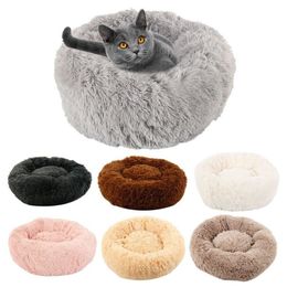 Long Plush Dog Bed Winter Warm Round pet Sleeping Beds Soild Colour Soft Pet Dogs Cat Cushion Mat Drop273J