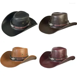 Berets Outdoor Rolled Brim Cowboy Hat For Woman Men PU Leather With Band American Large Windproof