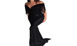 Women Deep Vneck Off Shoulder Long Dress Sexy Slim Sequin Fringe Tassels Evening Bride Gowns Harajuku Black Party Dress3653326