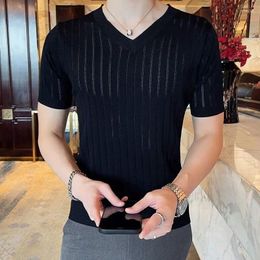 Men's T Shirts 2024 Summer Fashion Short Sleeve Thin T-shirts Male Hollow Out V-neck Tees Tops Men Slim Fit Breathable T-shirt H81