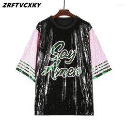 Women's T Shirts Summer Fashion Letter Sequins Short Sleeve Tops Striped Patchwork Round Neck Straight Streetwear Night Club T-Shirt