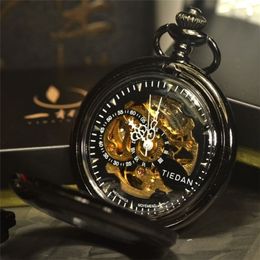 TIEDAN Retro Vintage Antique Black Sport Style Classic Chain Fashion Steampunk Skeleton Mechanical Pocket Watch Men Necklace T2005157t