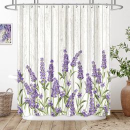 Curtains Lavender Shower Curtain Lilac Rustic Purple Flowers Floral Farm Country Plank Decor Fabric Polyester Waterproof Shower Curtain