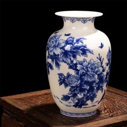 Jingdezhen blue and white Porcelain Vases Fine Bone China Vase Peony Decorated High Quality Ceramic Vase LJ201208300N