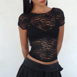 Women's Tanks Xingqing Black Sheer Lace Top Y2k Aesthetic Women See Through Short Sleeve Open Back Summer Slim Fit Vest Tees Streetwear
