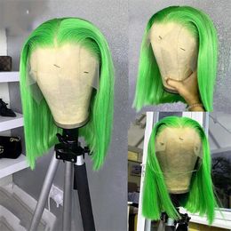 FANXITION Bob Hair Lace Wigs Green Straight Synthetic Front Wig Short for Women Shoulder Length Frontal Cosplay 240229