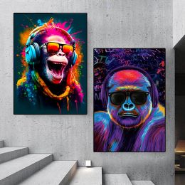 Calligraphy Monkey Wearing Headphones Graffiti Street Pop Art Poster and Prints Wall Art Canvas Painting Wall Picture for Home Room Decor