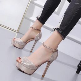 Dress Shoes Summer Fashion Women's Sandals Stiletto Thick Bottom Sexy Fish Mouth Rhinestone High Heels