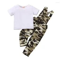 Clothing Sets Infant Baby Girls Clothes Suits Solid Color Short Sleeve Crew Neck T-Shirts Tops And Camouflage Straps Pants Overalls 2Pcs Set