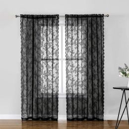 Curtains LZ 2 Panels Black Sheer Lace Curtains Vintage Floral Sheer Window Curtain for Living Room Bedroom Luxury Rod Pocket Custom