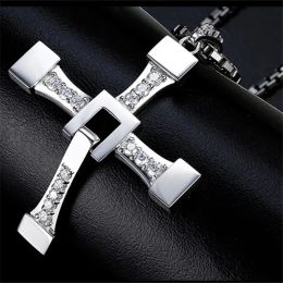 Fashion Punk Domineering 14K White Gold Zircon Cross Pendant for Mens Necklaces Jewelry