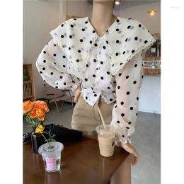 Women's Blouses Korejepo Large Lapel Polka Dot Shirts Long Sleeved Shirt 2024 Summer Thin French Sweet Short Sun Protection Chic Tops