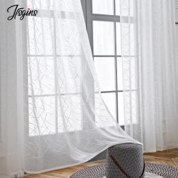Curtains Striped Sheer Curtains for Living Room Balcony Door White Tulle Curtain in the Kitchen Window Voilage Rideaux Embroidered Decor
