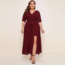 Oversize Lace Up Dres Casual Chiffon Boho Solid Short Sleeve Streetwear Holiday Sundress Self Belted Wrap Dress Plus Size 240311