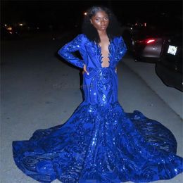 Fashion Royal Blue Sequin Prom Dresses For Black Girls Shinny Long Sleeve Mermaid Evening Dress 2024 Sheer Neck Plus Size Formal Dresses Glitter Birthday Party Gowns