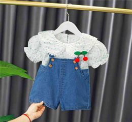 HYLKIDHUOSE Summer Baby Girls Clothing Sets Toddler Floral Lace Short Sleeve Shirt Denim Shorts Children Clothes 2108042080012