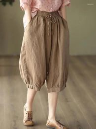 Women's Pants ZOKI Vintage Cotton Linen Women Bloomers Calf-Length Summer Casual Drawstring High Waist Female Solid Large Size