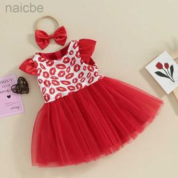 Girl's Dresses Baby Day Outfits Short Sleeve Lips Tulle Dress with Headband Toddler Clothes ldd240313