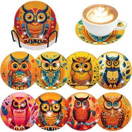 Stitch CHENISTORY 8pc/sets Diamond Painting Coasters With Holder Owl Animal Coaster Round Diamond Art Kits For Beginners Kids Craft